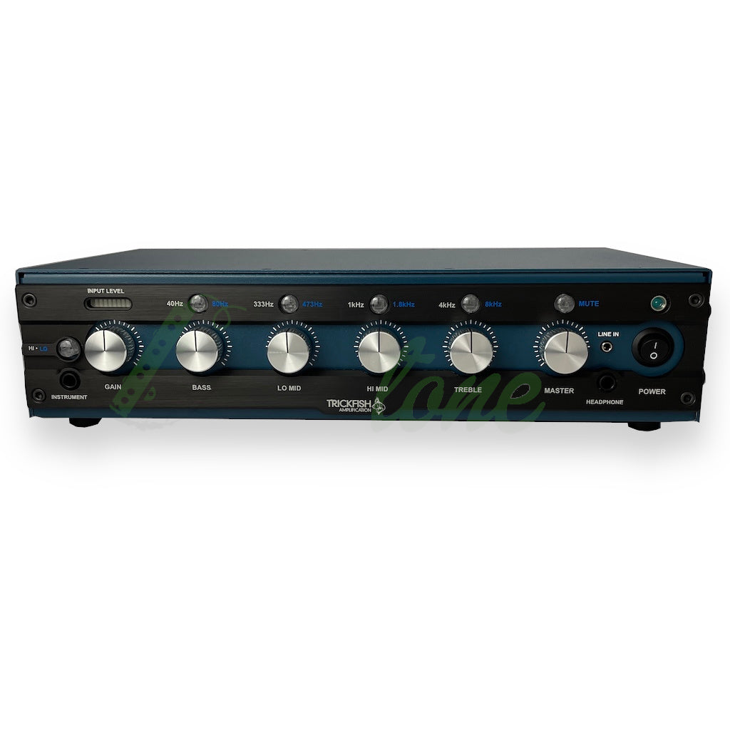 Front view of the Trickfish Bullhead 1K Bass Amp showing knobs and unlit LED lights