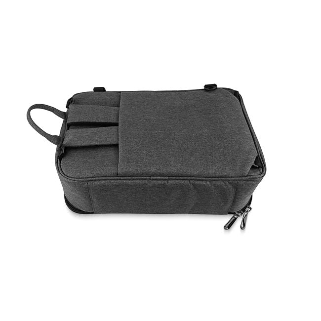 Back view of the Trickfish Bullhead Bass Amplifier Carrying Bag, showing the straps for using the bag like a backpack being stored in the sleeve.  