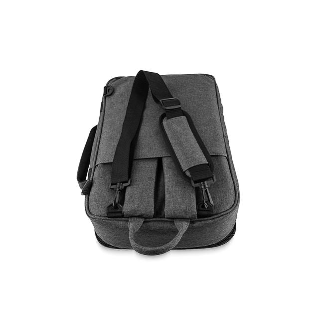 Back view of the Trickfish Bullhead Bass Amplifier Carrying Bag, showing the straps for using the bag like a backpack being stored in the sleeve, while using the shoulder strap for carrying.  