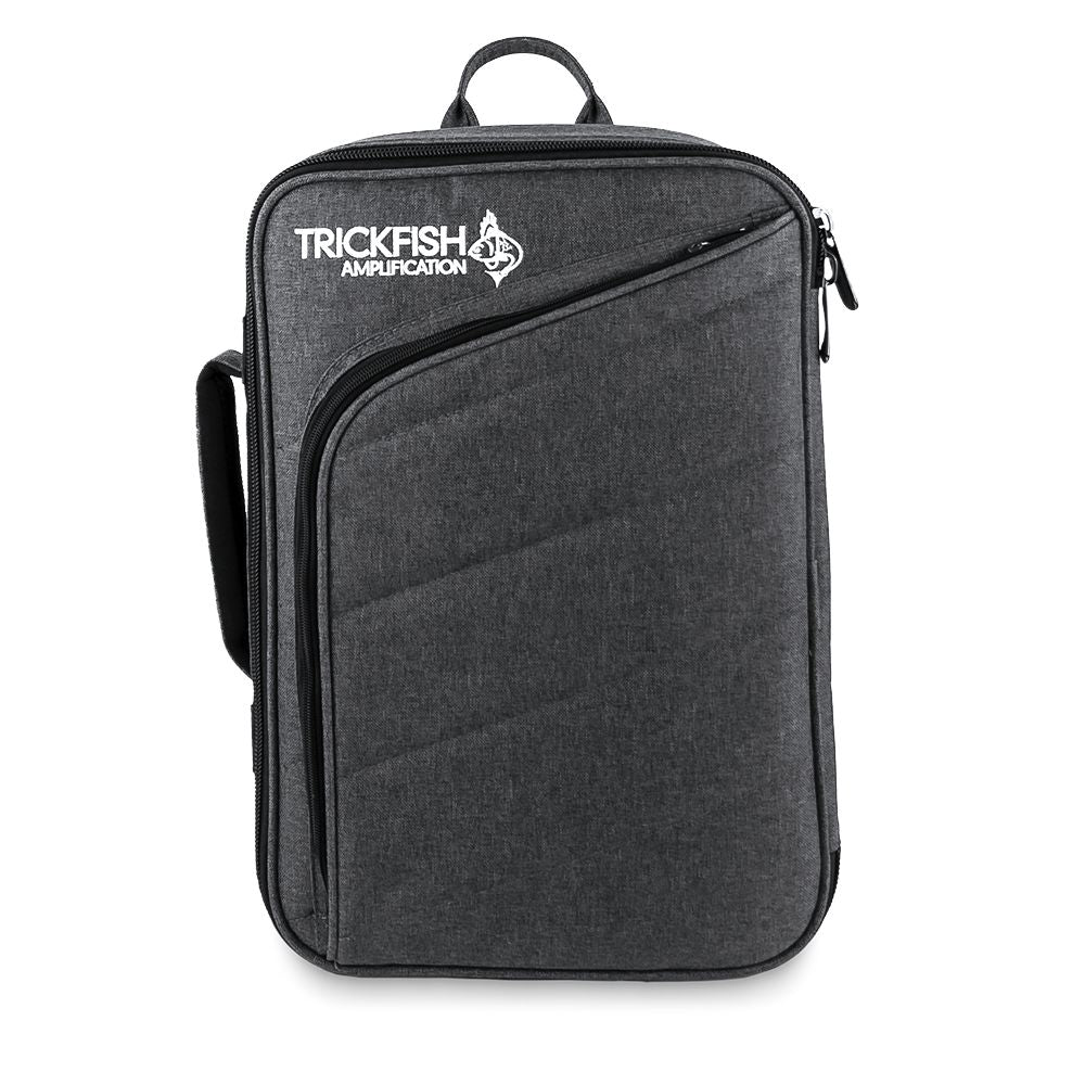 Front view of the Trickfish Bullhead Bass Amplifier Carrying Bag, showing the handle on the top, the handle on the site and the front zipper for storing cables, sheet music or an iPad.