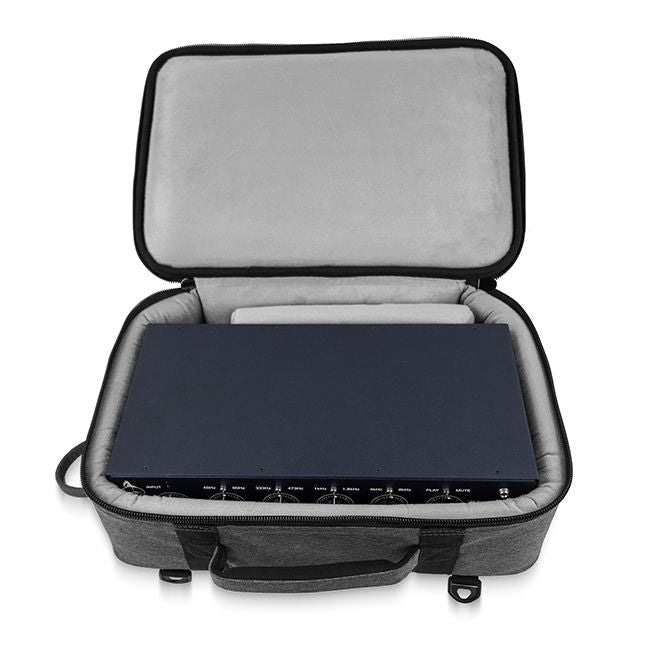 Overhead view of the Trickfish Bullhead Bass Amplifier Carrying Bag while it is fully unzipped, showing an amp in the case to illustrate how it would fit in the case.
