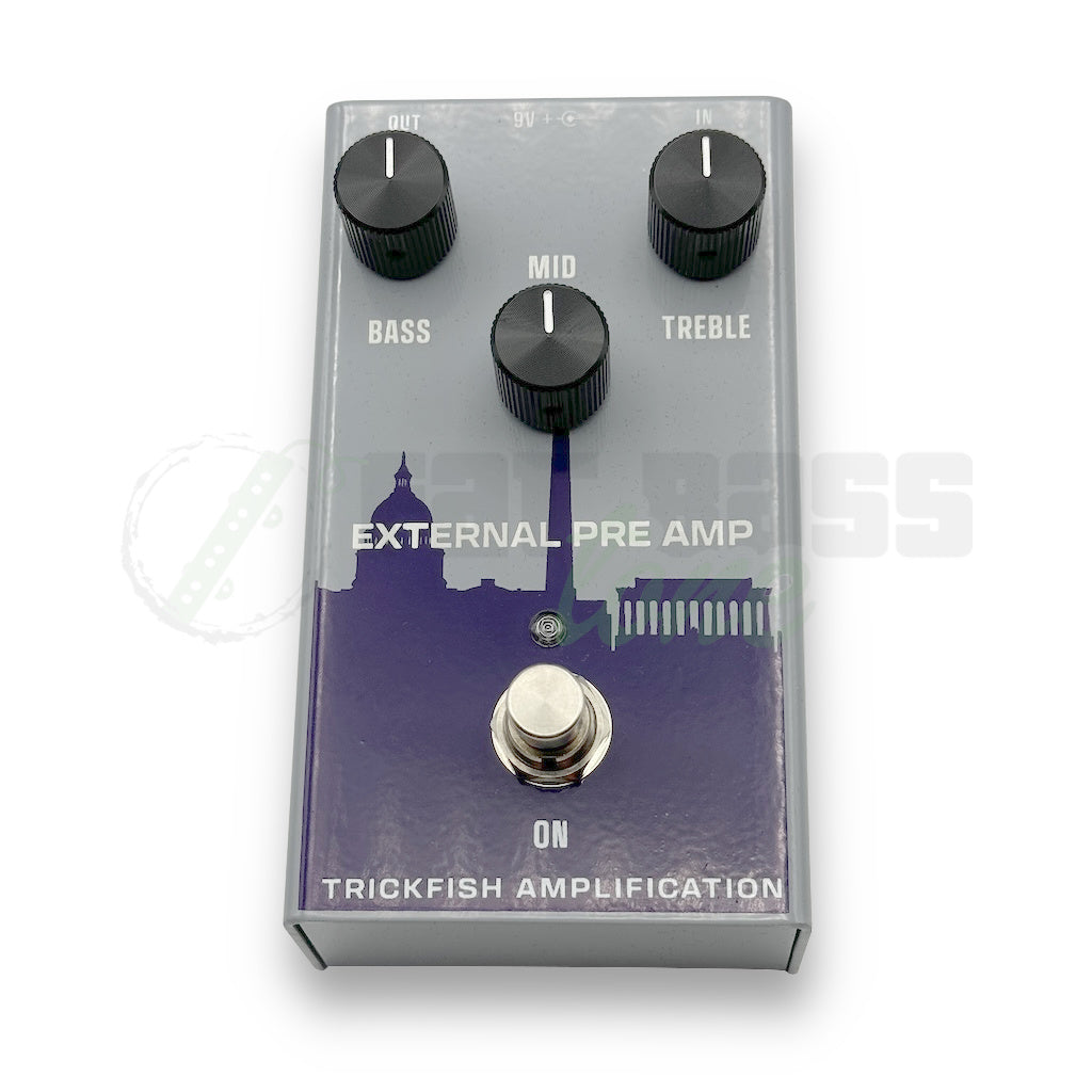 top view of the Trickfish External Preamp (EPA) Bass Pedal showing the three knobs, bass, mid, and treble EQs