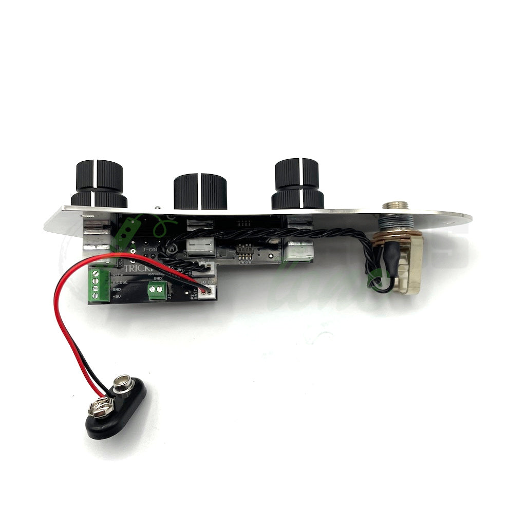 side view of the Trickfish J-Core 2 Band Bass Preamp for Jazz Bass® back showing battery connection
