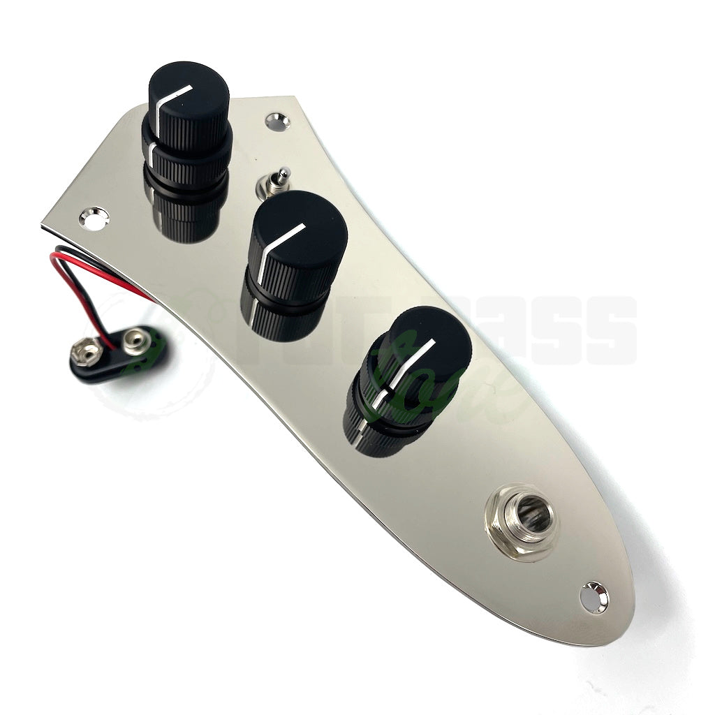 overhead top view of the Trickfish J-Core 2 Band Bass Preamp for Jazz Bass® showing 3 knobs total and 1 jack on a jazz bass plate