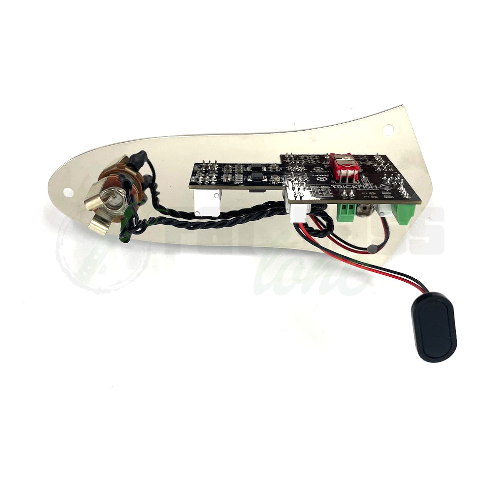 back side view of the Trickfish J-Core 2 Band Bass Preamp for Jazz Bass® showing solderless connections for the pickups