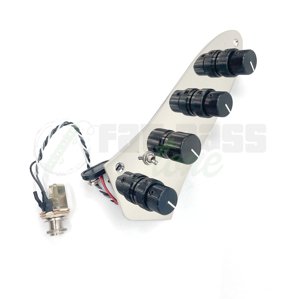 secondary overhead view of the Trickfish J-Core 4 Band Bass Preamp for Jazz Bass® showing the battery clip and output jack