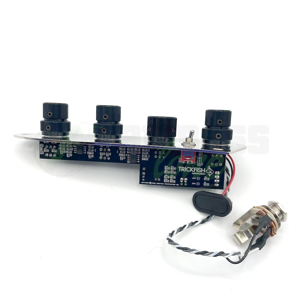 side view of the Trickfish J-Core 4 Band Bass Preamp for Jazz Bass® showing the PCBs mounted to back of jazz plate
