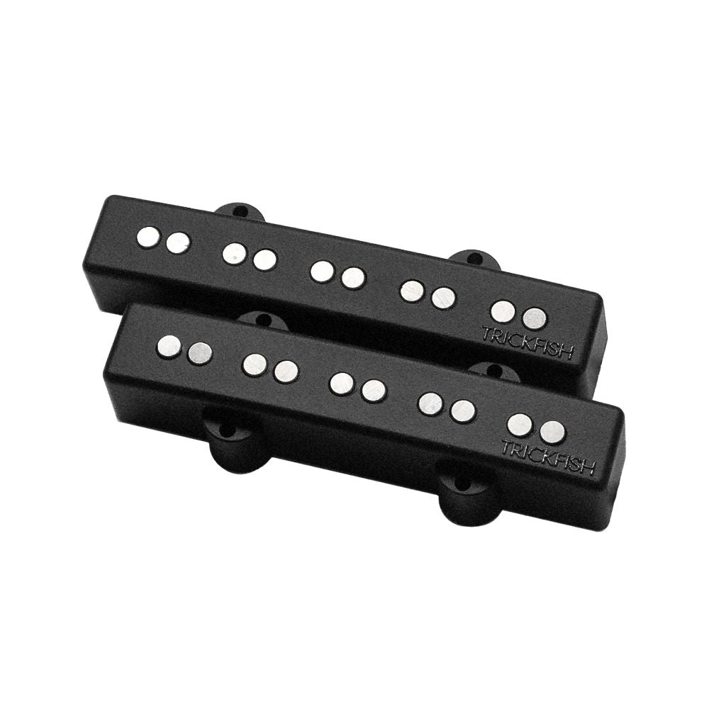 Photo of the Trickfish 5 String Single Coil Jazz Bass® Pickups for Fender® American Standard® showing the trickfish logo in the lower right corner of each pickup
