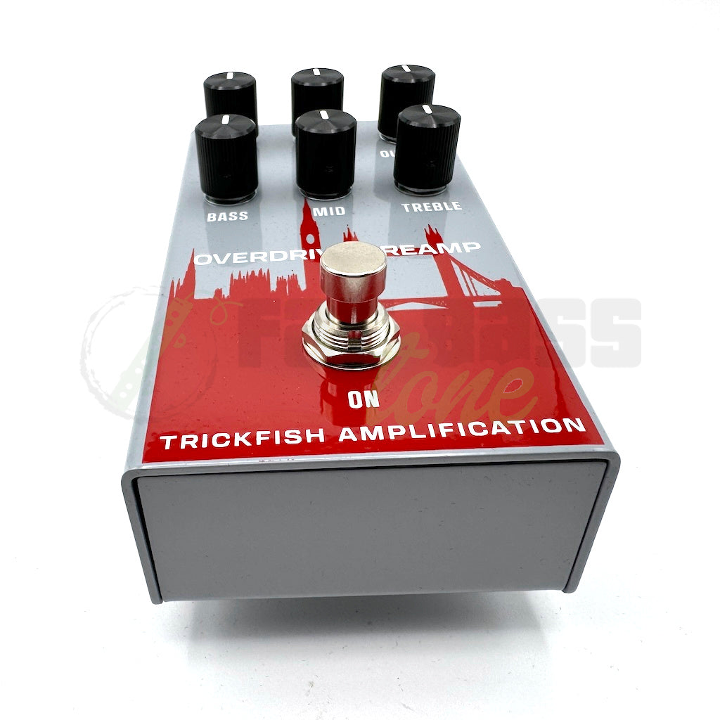 front view of the Trickfish Overdrive Preamp Bass Pedal showing the footswitch