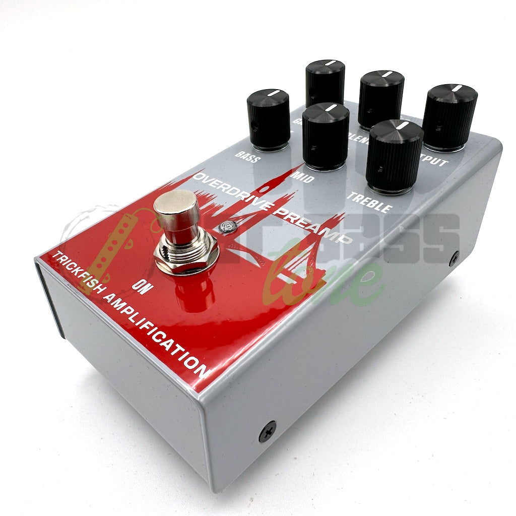 right side view of the Trickfish Overdrive Preamp Bass Pedal showing the LED light