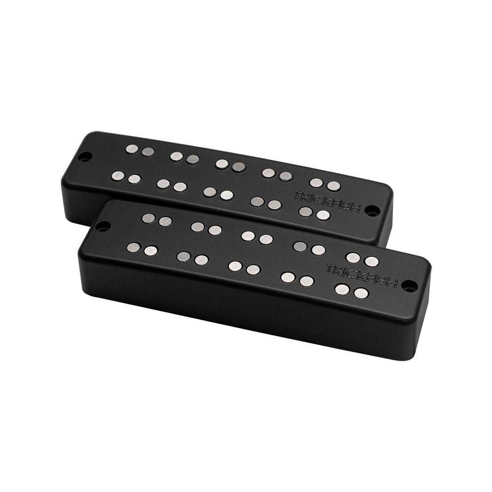 Image of Trickfish 5 String Dual Coil Bass Pickup set showing the two black shells with exposed pole pieces
