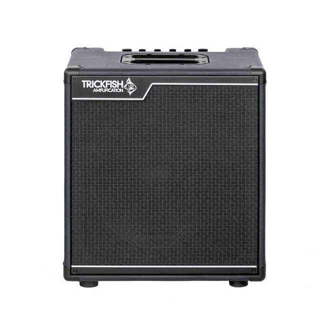 forward view of the Trickfish Bullhead Mini 500 Bass Combo Amp showing metal handle on top of amp, logo and mesh grille