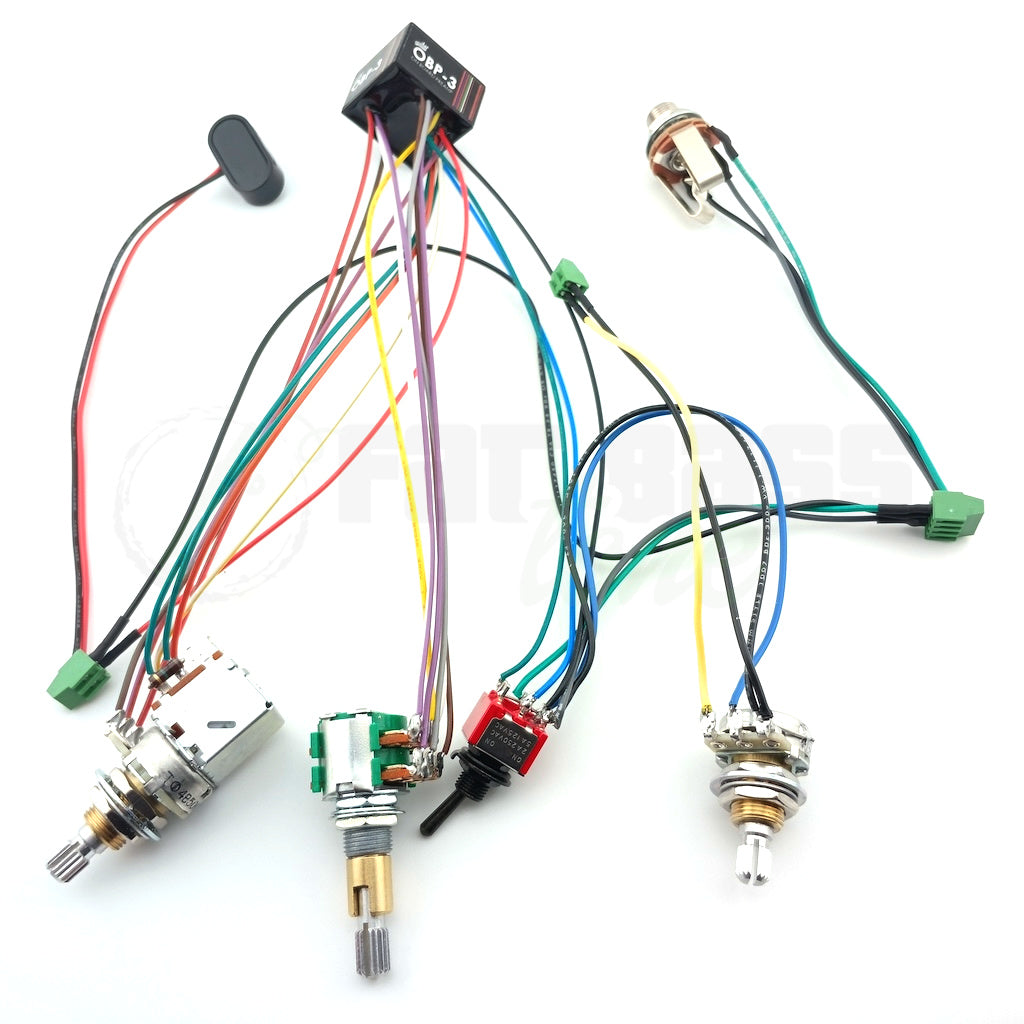 View of Aguilar OBP-3 3-Band Bass Preamp which has been prewired into the 1 Pickup, 3 Knob and 1 Switch configuration.  The specific configuration is Volume-Mid with Push/Pull Mid Selector-Treble/Bass Stacked-Active/Passive Switch.  This prewire with comes with solderless connections for easy installation.