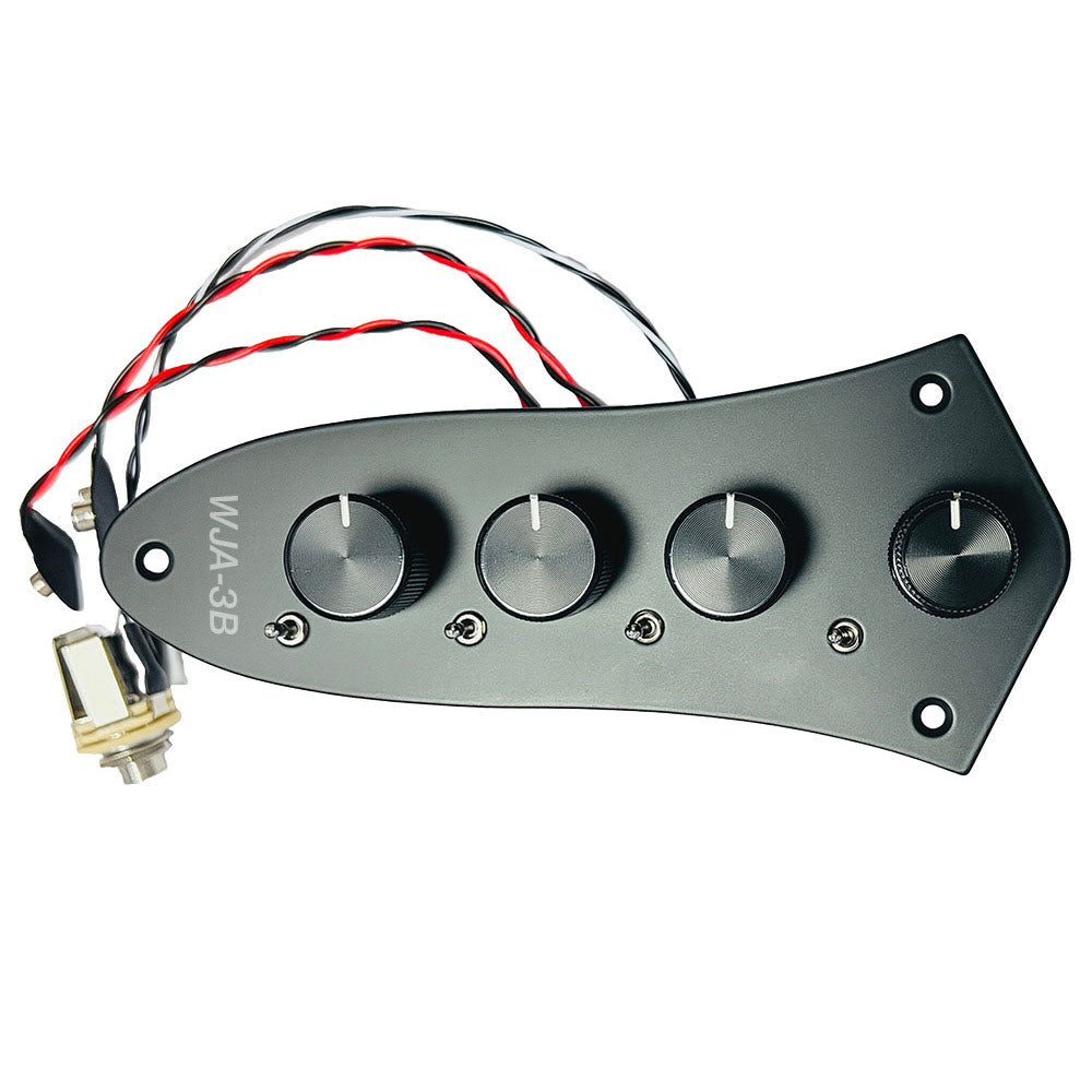 top view of the Wayne Jones 3 Band Bass Preamp showing the 4 control knobs, and 4 switches mounted on a matte black finished plate