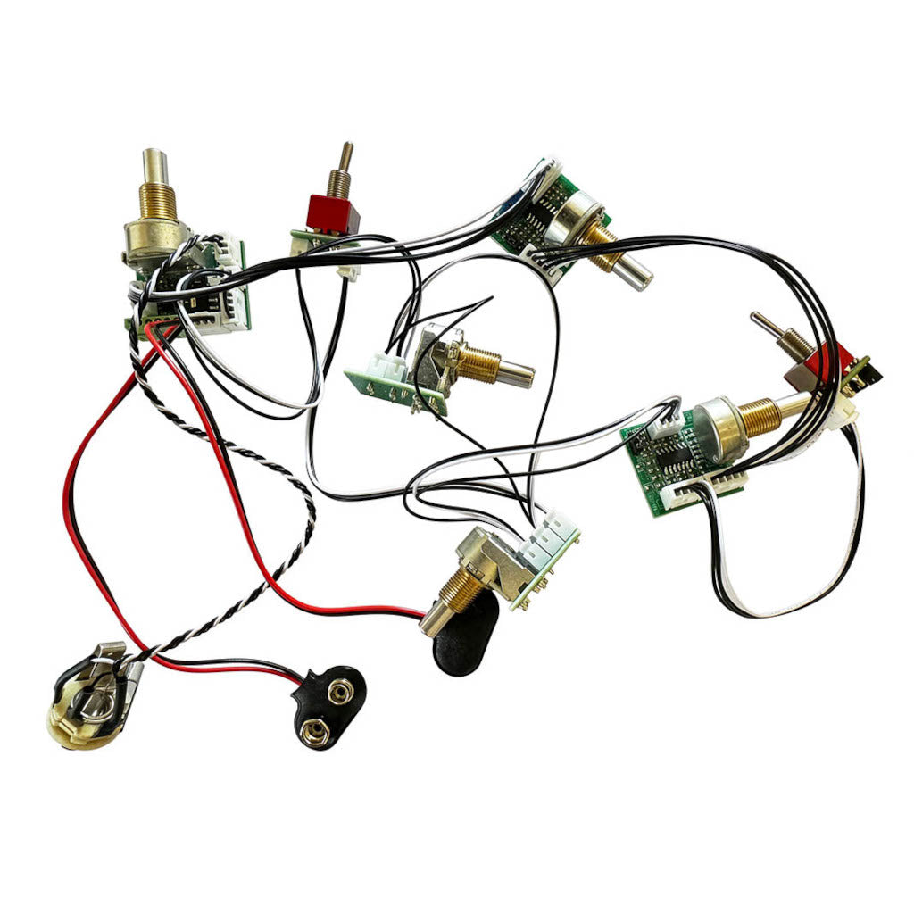 view of the components of the Wayne Jones 3 Band Bass Preamp including 5 potentiometers, 2 switches, 2 18Volt battery terminals and jack