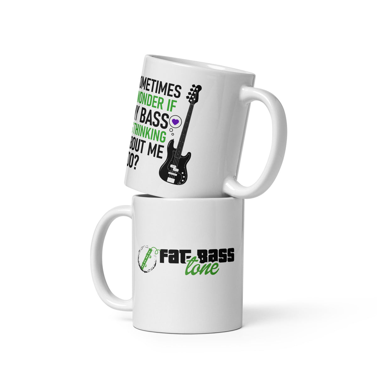Two white mugs with text and a guitar graphic on a white background
