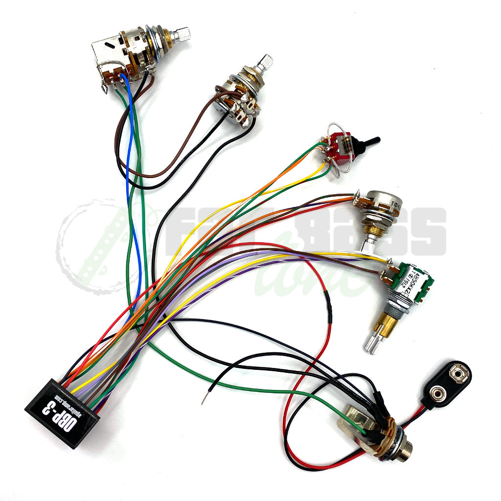 View of Prewired Aguilar-OBP3 3 Band 2 Pickup 4 Knob, 1 Switch (Vpp-Bl-T/B-Msw)