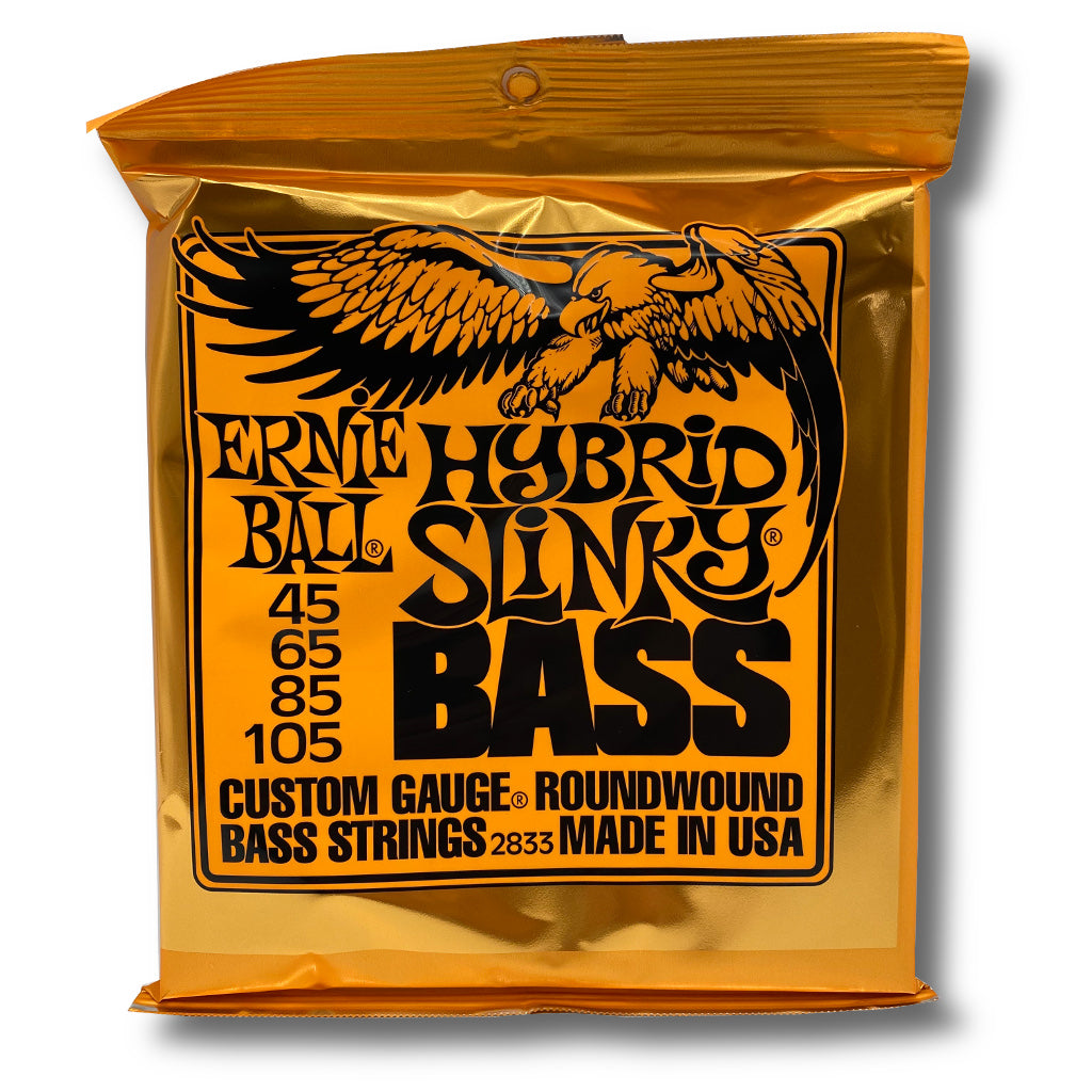 View of front of Packaging of Ernie Ball 2833 Hybrid Slinky 4 String Set for Bass Guitar