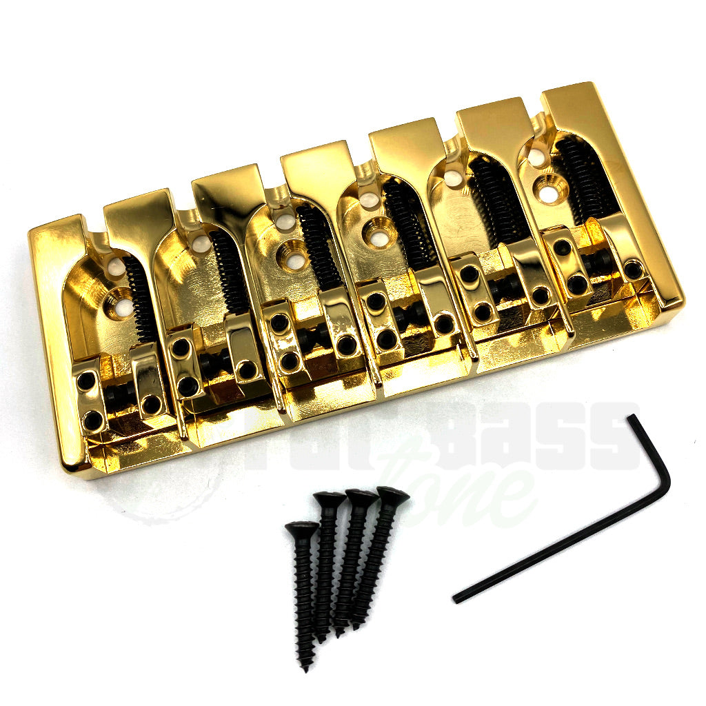 front view of Hipshot A Style 6 String Gold Bridge for Bass Guitar