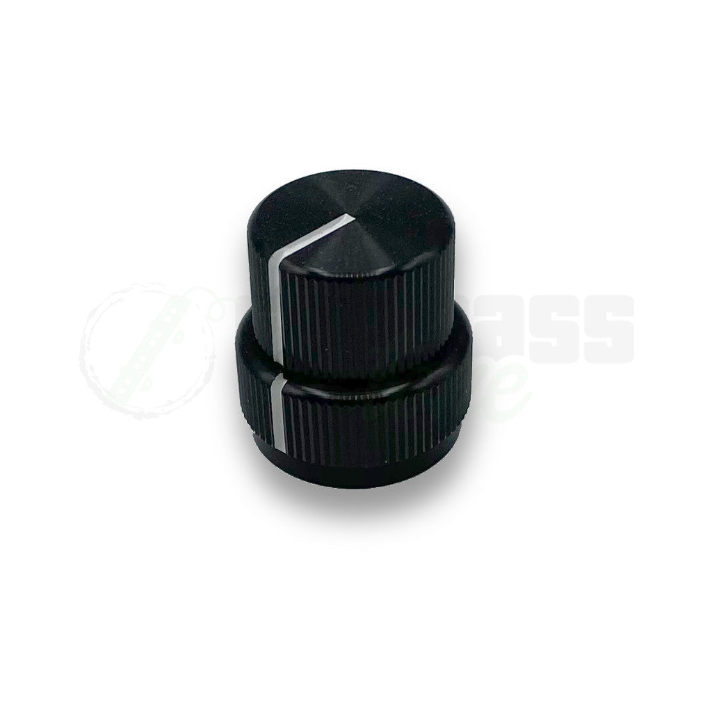 front view of stacked Sadowsky Style Concentric Black Aluminum Knobs