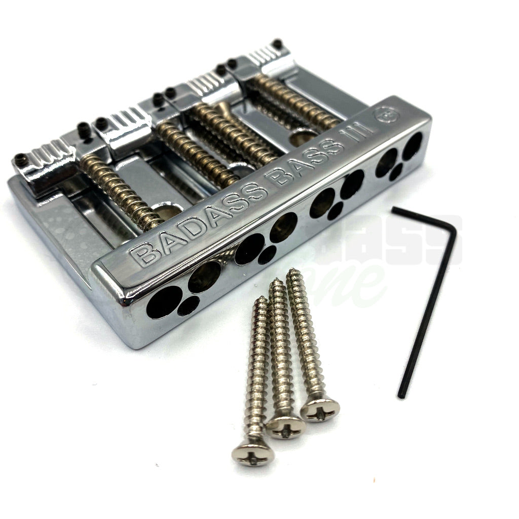front view of Leo Quan Badass III Bridge Chrome for Bass Guitar with mounting screws and allen wrench