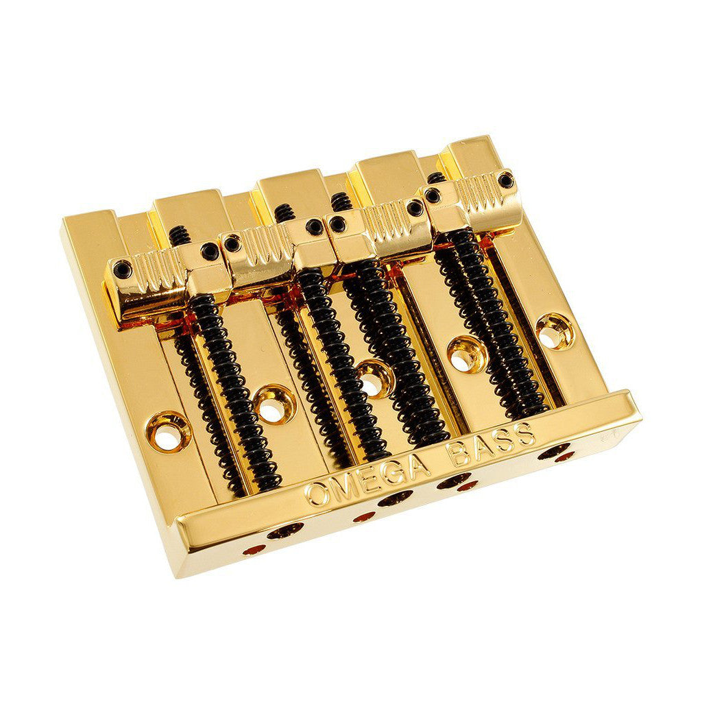 front view of Omega Bass Bridge Gold with Slotted Saddles for Bass Guitar
