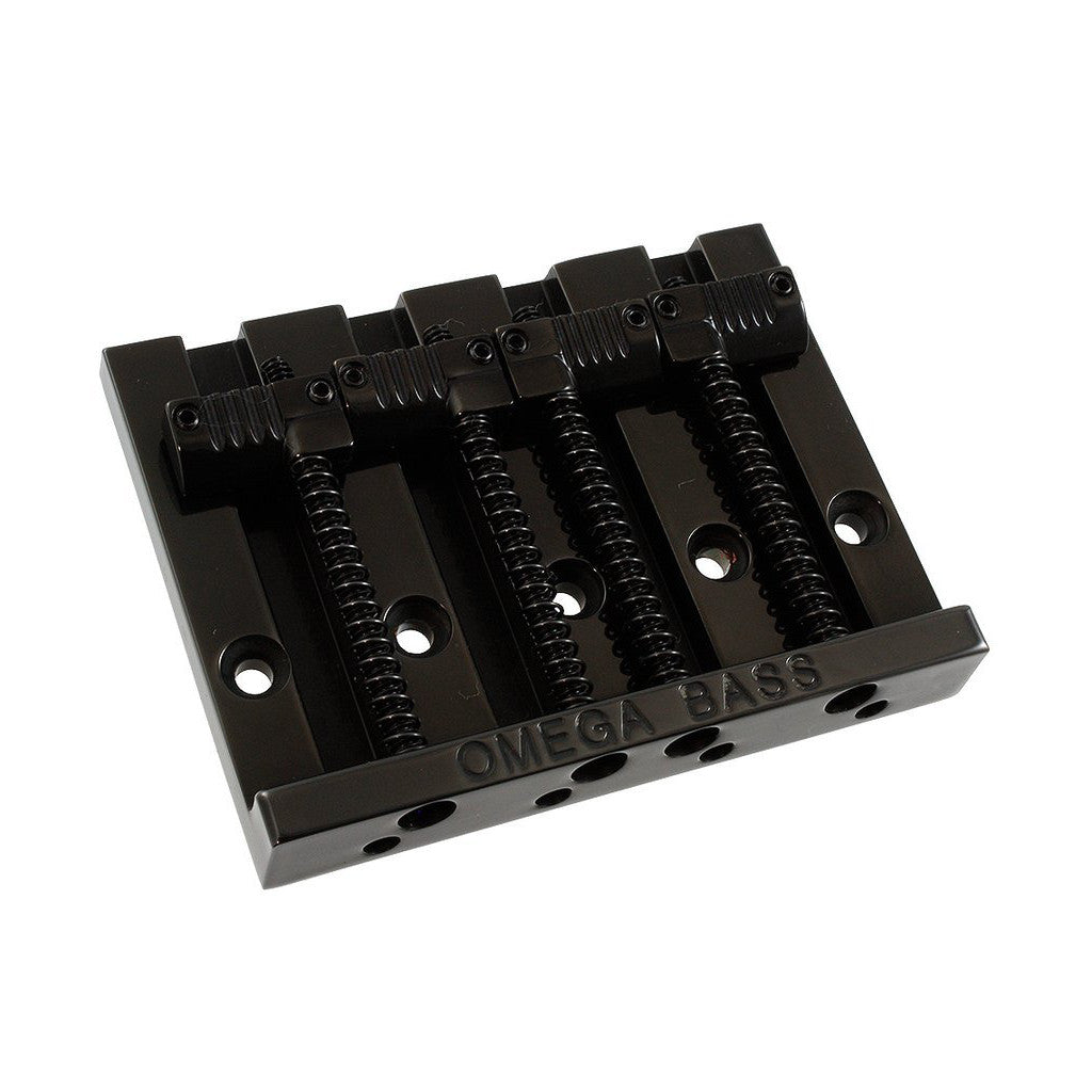 front view of Omega Bass Bridge Black with Slotted Saddles for Bass Guitar