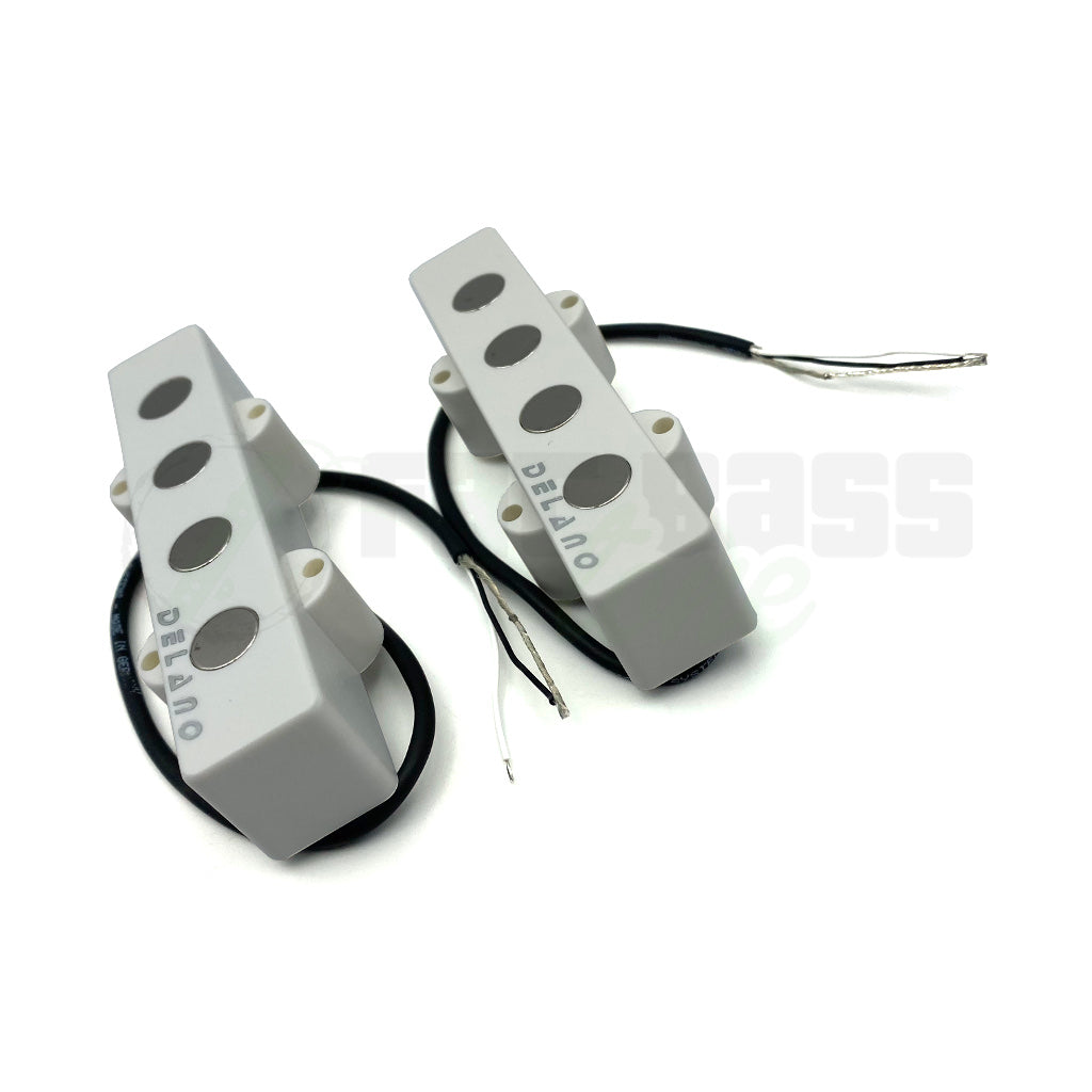 front view of Delano JMVC4 FE/M2 4 String Hum Cancelling Jazz Bass® Pickups in white color shell