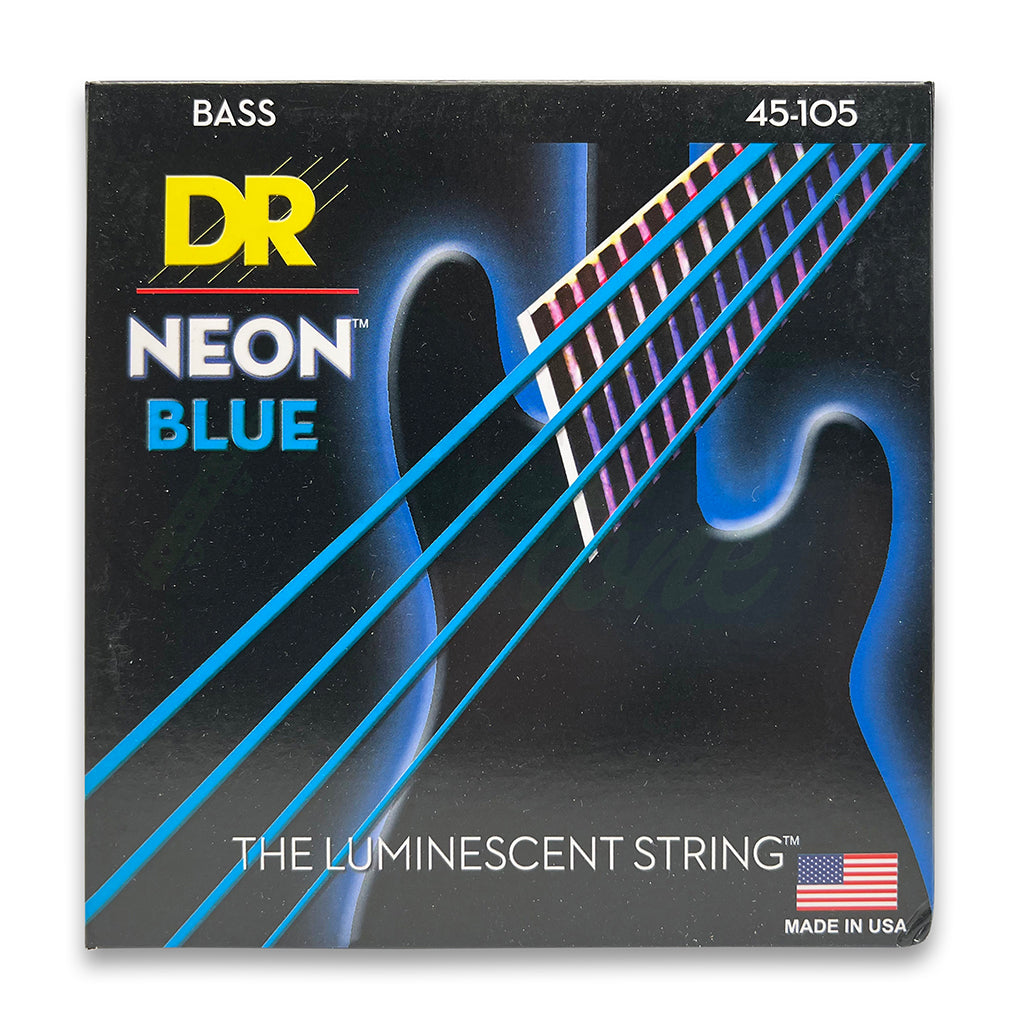front view of blue DR Neon Bass Strings