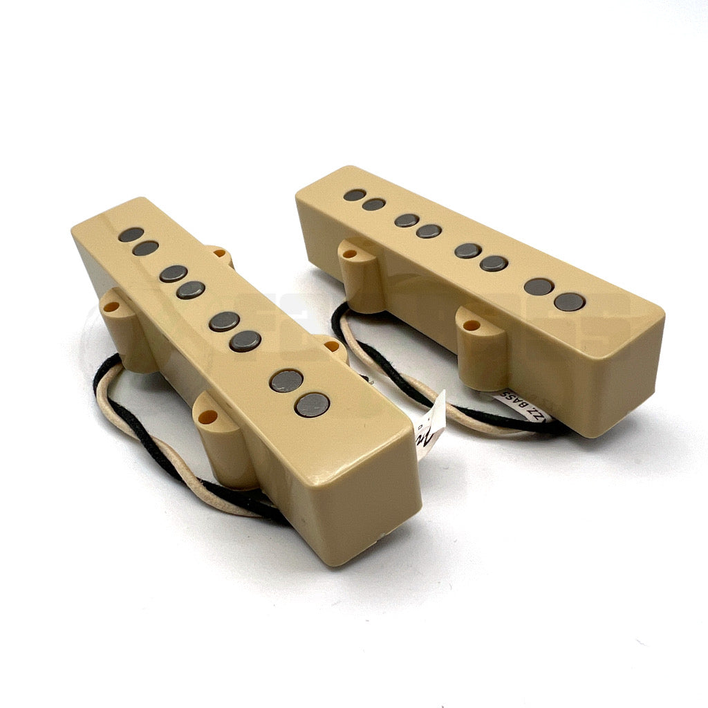 Lindy Fralin 4 String Jazz Bass® Pickups front view with creme pickup covers and raised centers