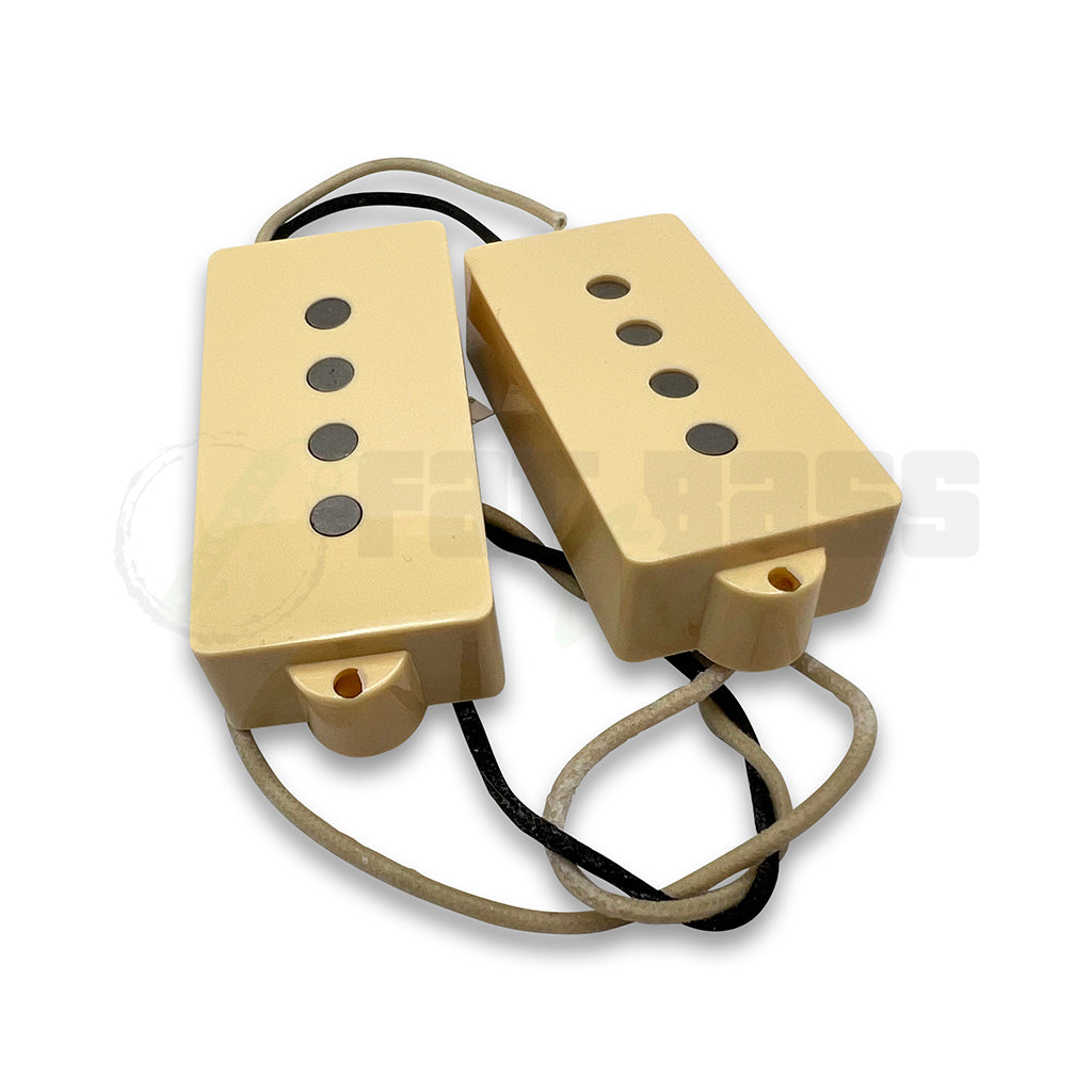 Lindy Fralin 4 String P Bass® Pickup front view with cream pickup covers