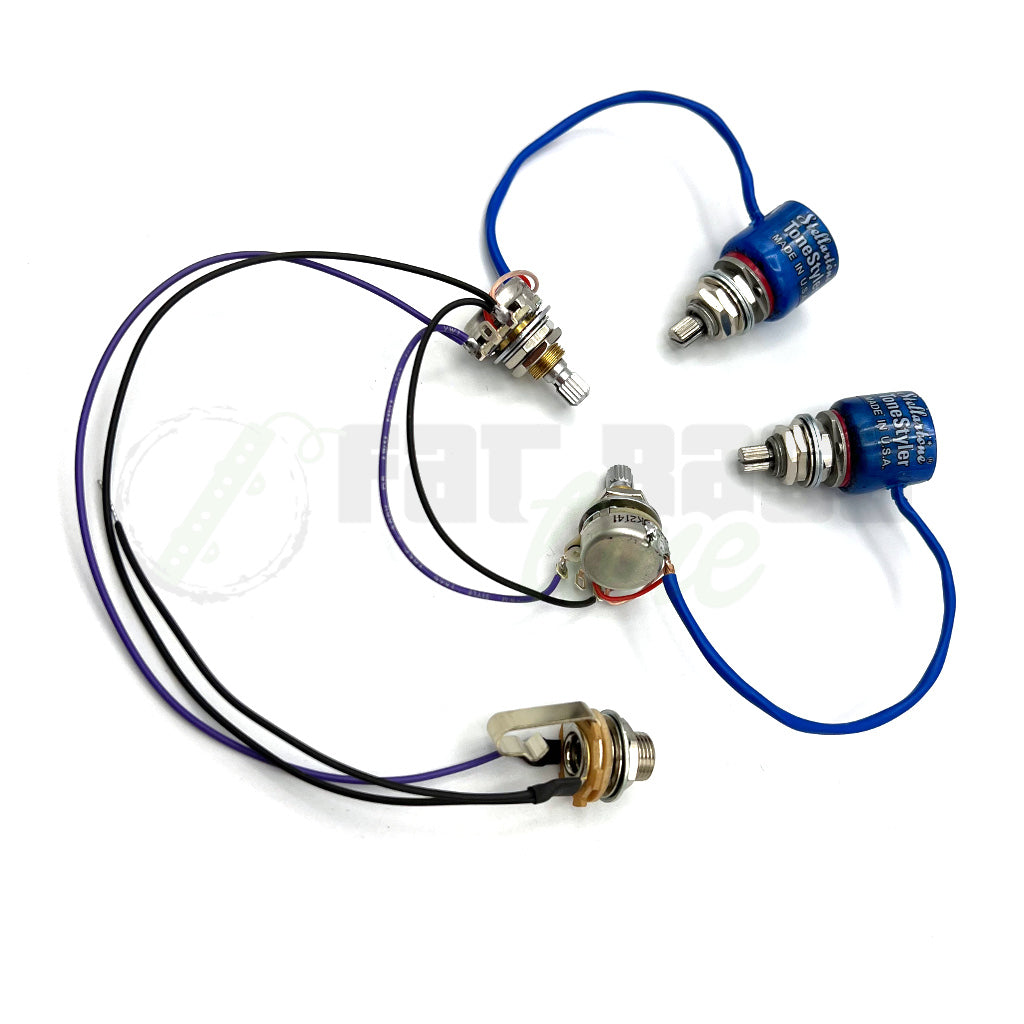 top view of prewired harness with two volumes and two stellartone tonestyler B10 units