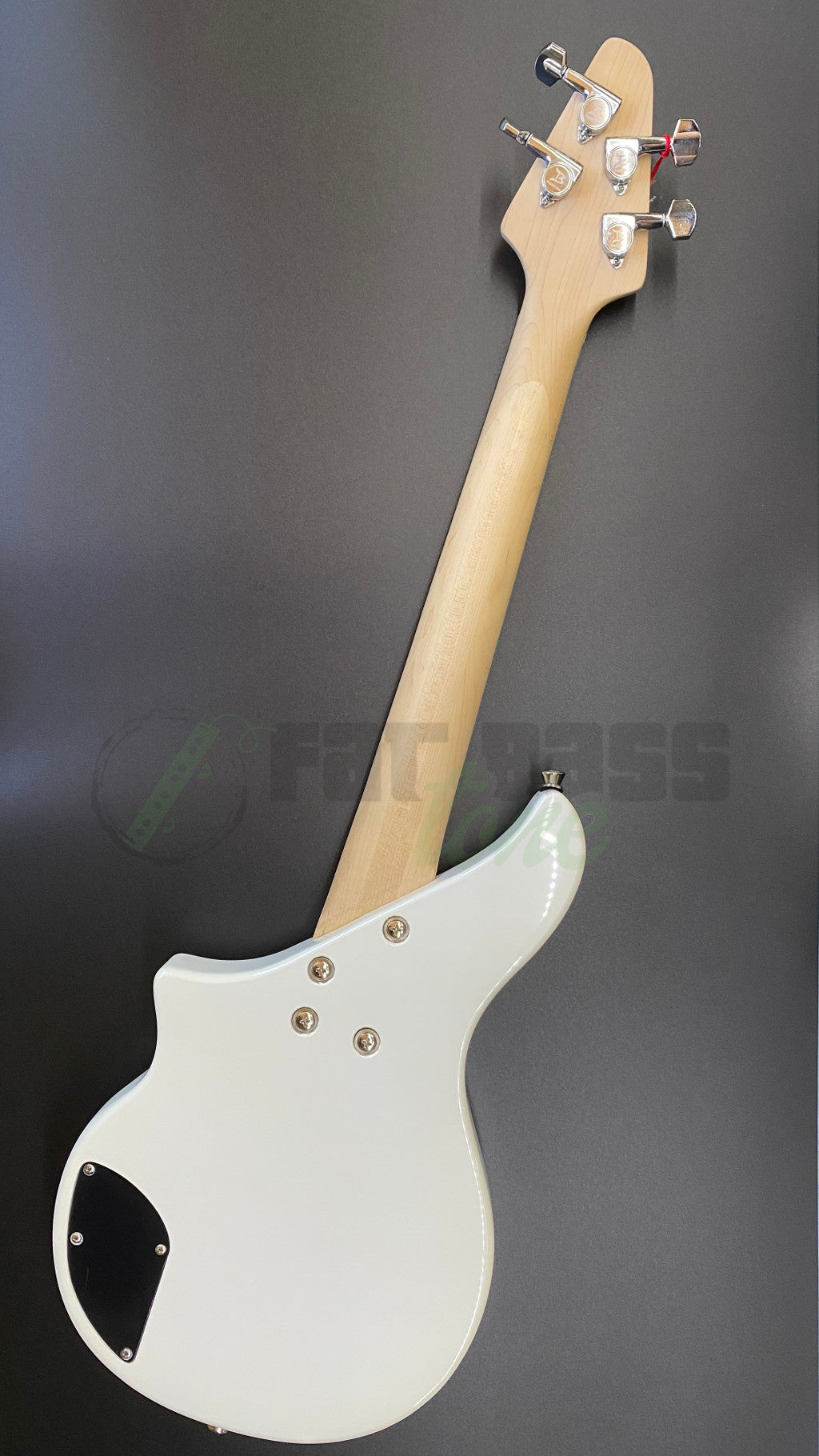 view of full back of Tiny Boy bass with white finish